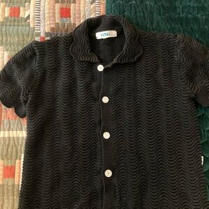 Yitai Black Wavy Knit Casual Button Down Shirt
